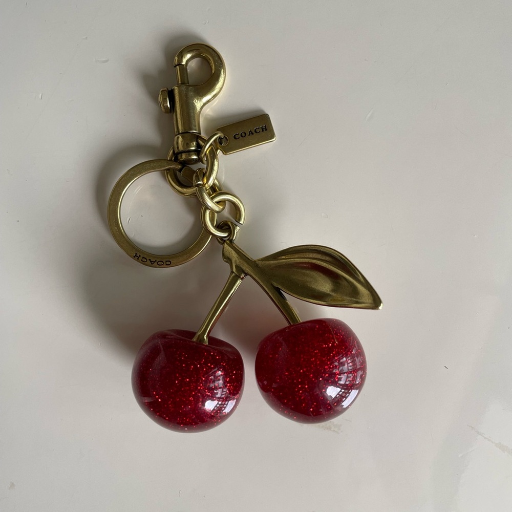 Coach Gold-Tone Cherry Charm Keyring with Red Glitter Cherries